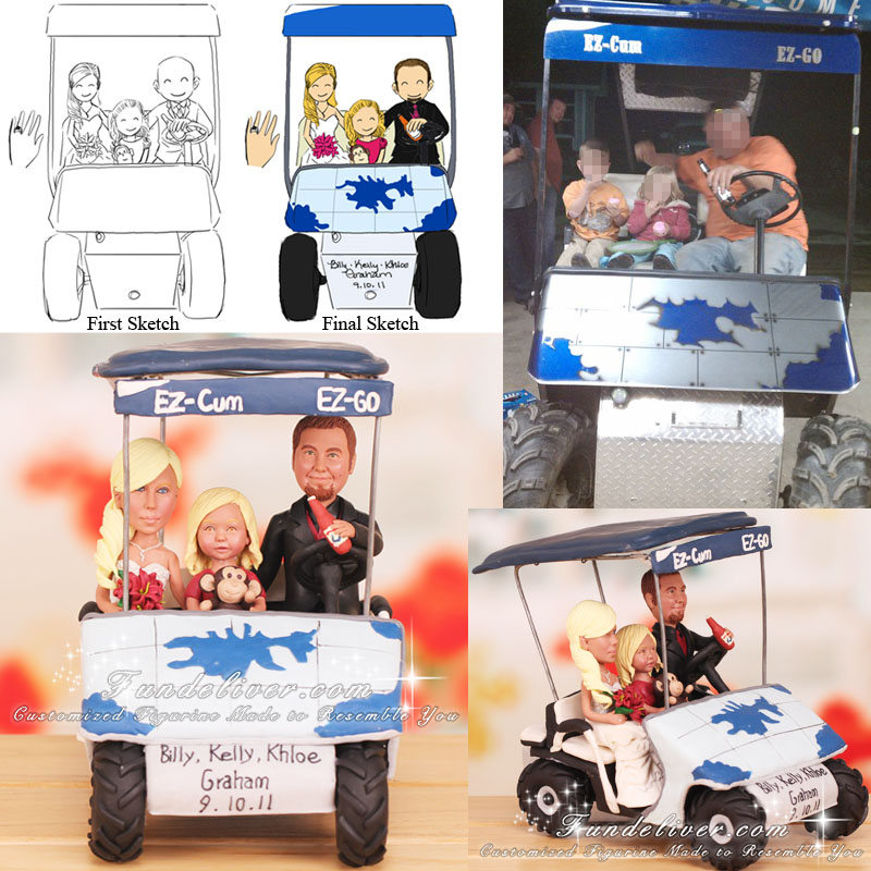 Golf Wedding Cake Toppers Family in Golf Cart Theme